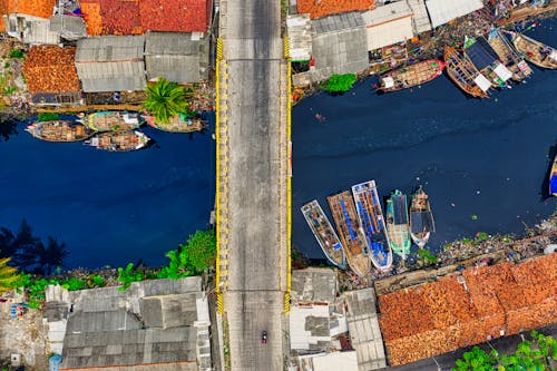 Top View Photo of Boats Near Bridge