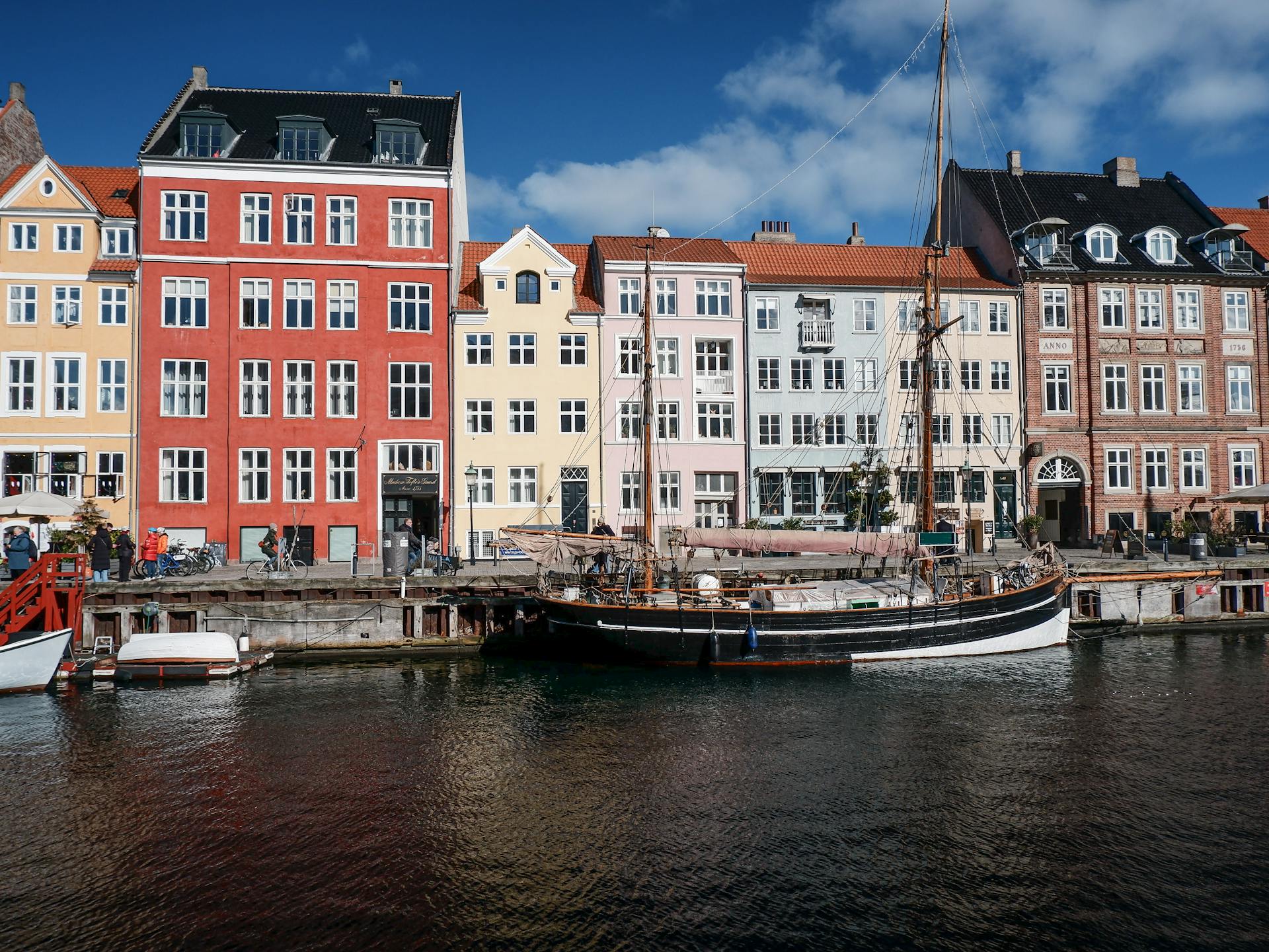Scenic view of Nyhavn harbor with colorful buildings and historic ships in Copenhagen, Denmark.