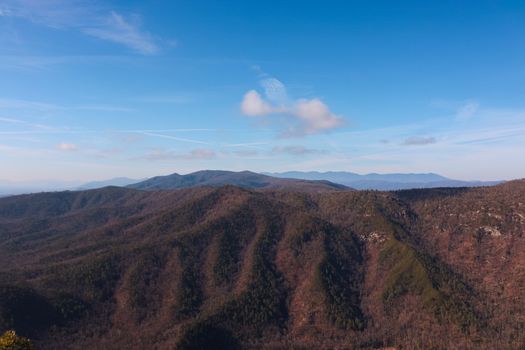Stunning view of Linville Gorge in North Carolina's Blue Ridge Mountains under a clear blue sky.