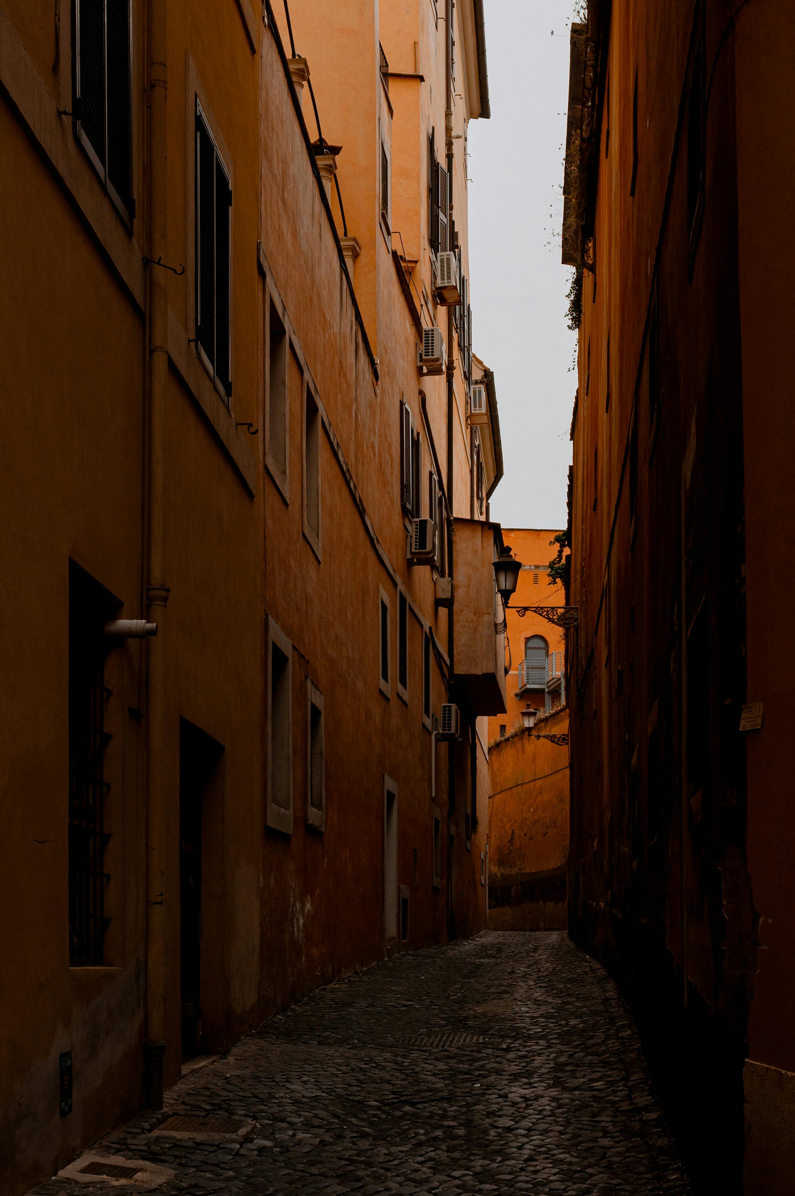 Discover the vintage charm of a narrow cobbled alleyway in Rome, Italy's historic cityscape.