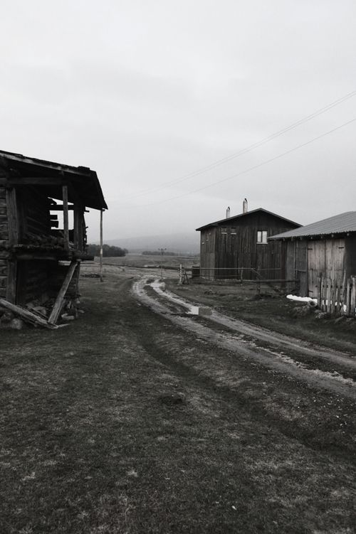 Free A serene black and white photo of a rustic mountain village, showcasing traditional wooden houses and a winding dirt road. Stock Photo