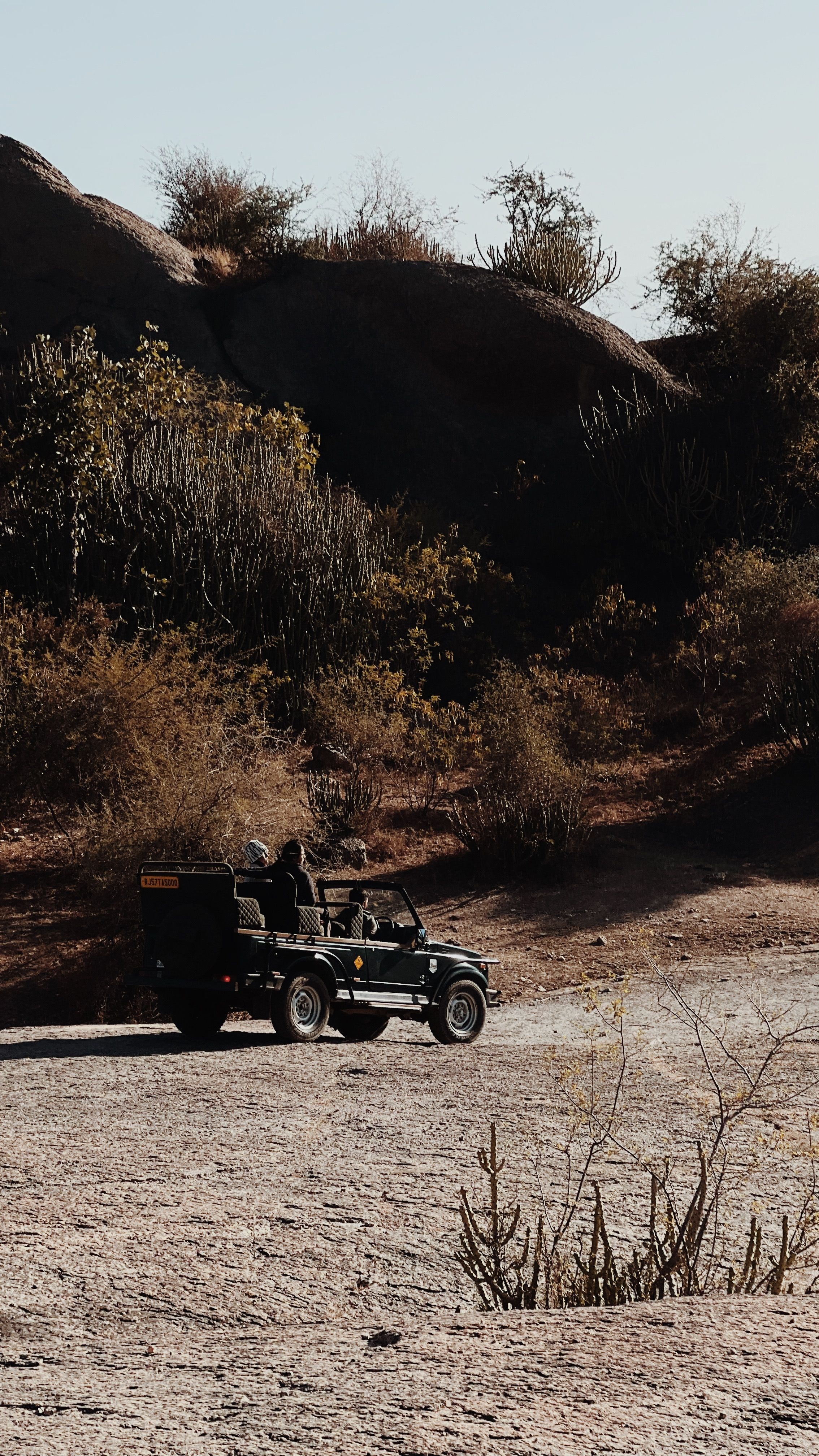 Jeep navigating rugged landscape with vegetation and rocky hills under clear sky.