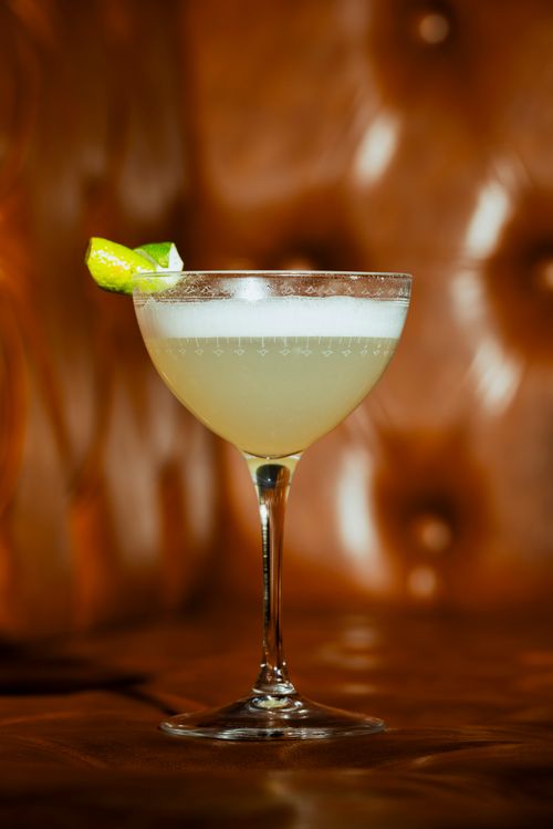Free Elegant gin sour cocktail with lime wedge on a tufted leather background. Stock Photo