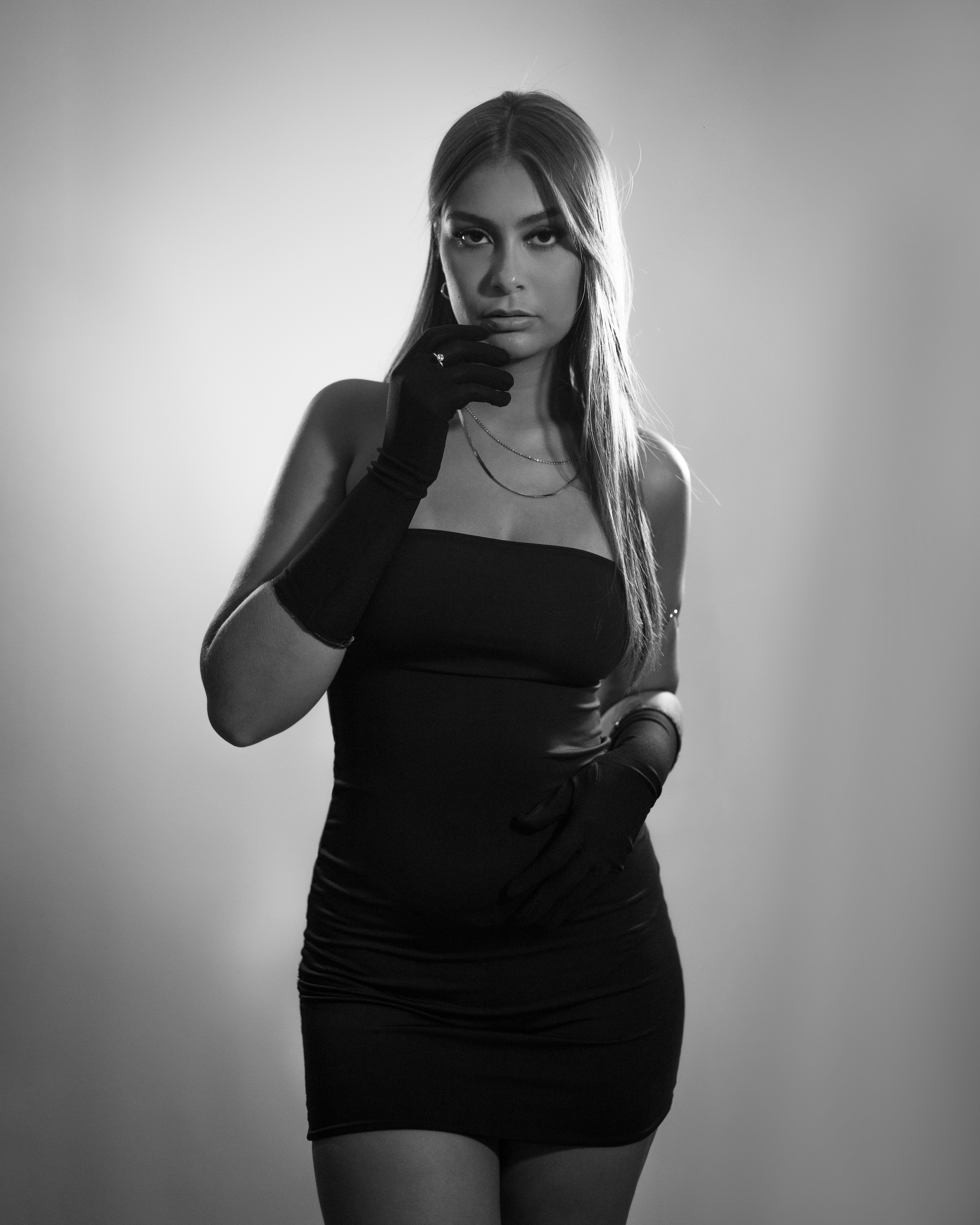 Elegant Black Dress Portrait in Black and White · Free Stock Photo