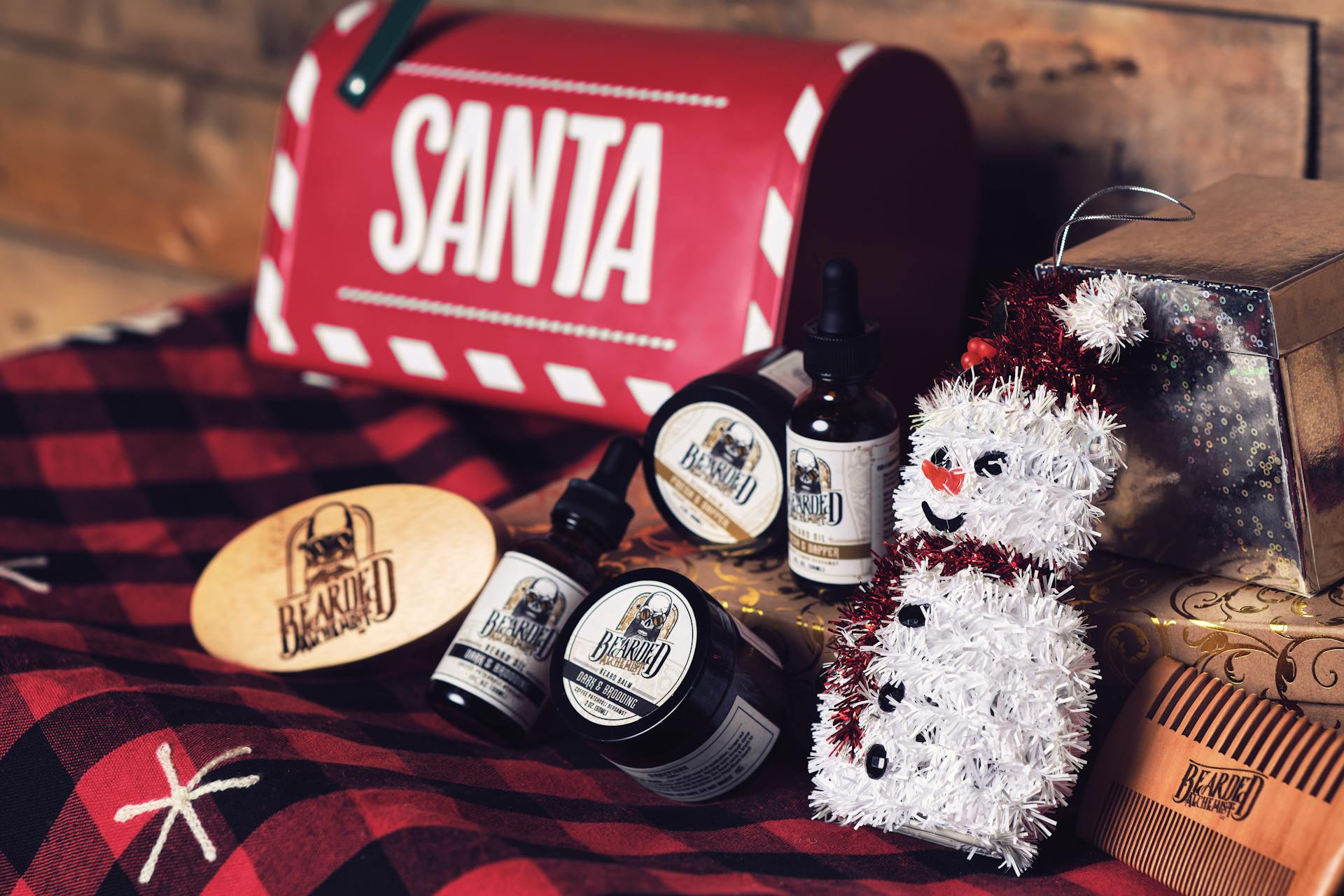 Cozy holiday scene with a festive beard care gift set, Santa mailbox, and winter decor.