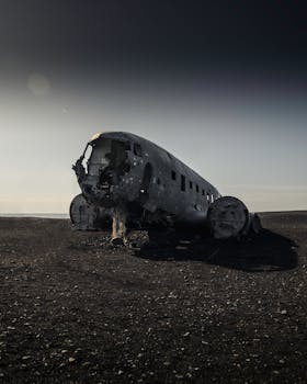 Abandoned DC-3 plane wreck on Sólheimasandur black sand beach in Iceland.