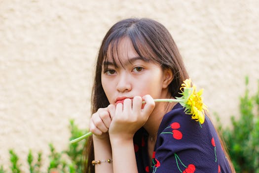 一位穿着时尚的年轻女子与向日葵合影，捕捉到了户外宁静美丽的瞬间