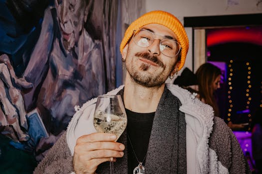 Smiling man enjoying wine at an art gallery party with vibrant ambiance.