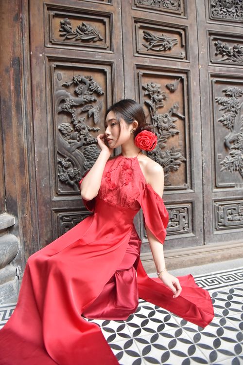 Elegant Woman in Red Dress by Ornate Door · Free Stock Photo