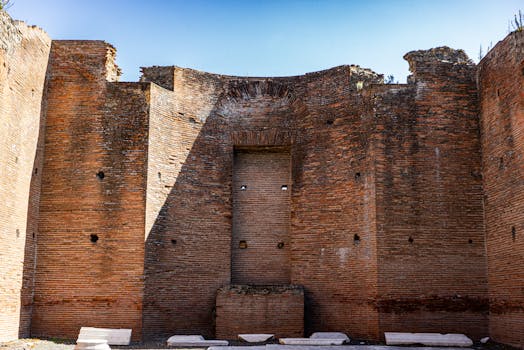 View of historic brick wall ruins in Pompeii, Italy on a sunny day.