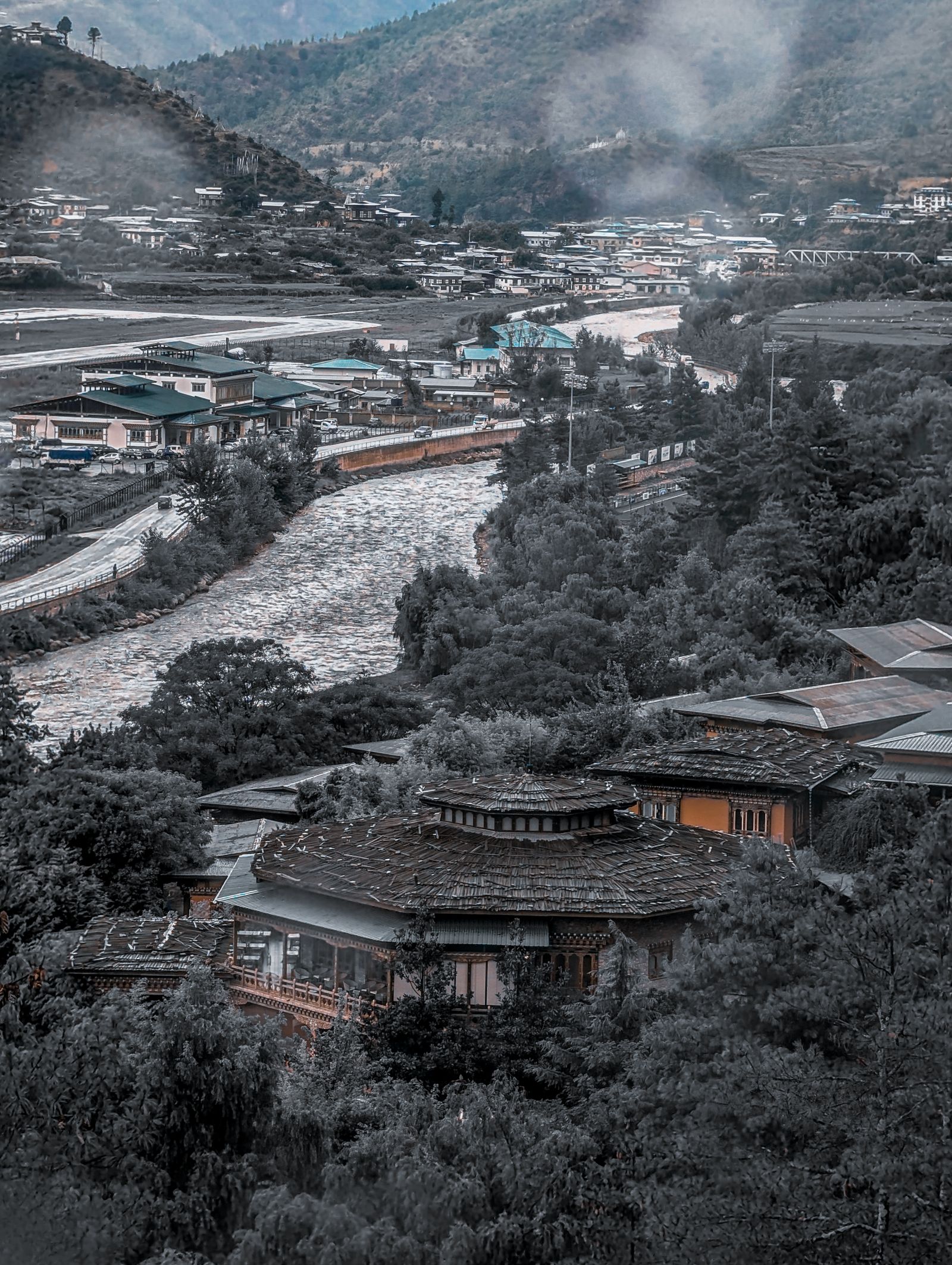 A Bhutanese building among pines on a hillside above the Paro river and the town of Paro