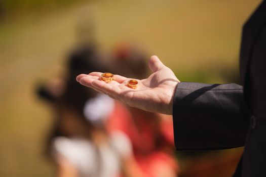 Close-up of a hand holding wedding rings at an outdoor ceremony, with an elegant background blur.