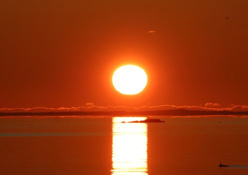 Beautiful sunrise over Stamford's waters with vibrant orange hues reflecting on the surface.