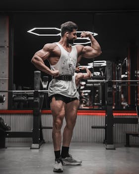 Male bodybuilder flexing his muscles in a modern gym, showcasing strength and fitness.