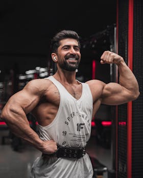 Strong bodybuilder flexing muscles with a confident smile in a modern gym setting.