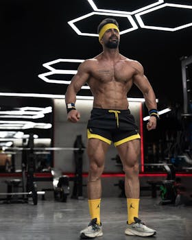 Athletic male posing in a modern gym, showcasing fitness and strength.