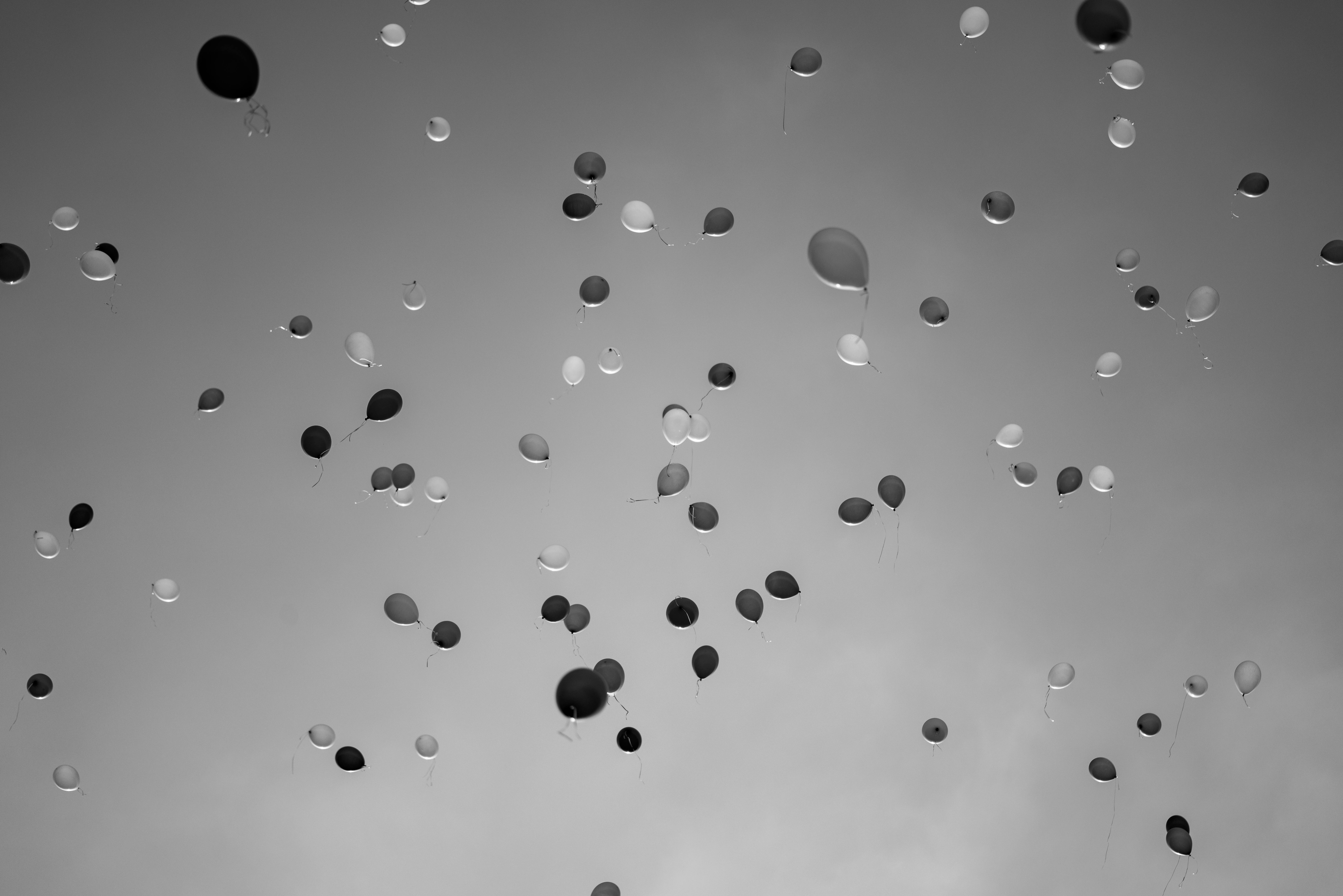 Kostenlos Schwarzweißfoto zahlreicher Ballons, die in einem bewölkten Himmel schweben und ein heiteres und abstraktes Bild erzeugen. Stock-Foto