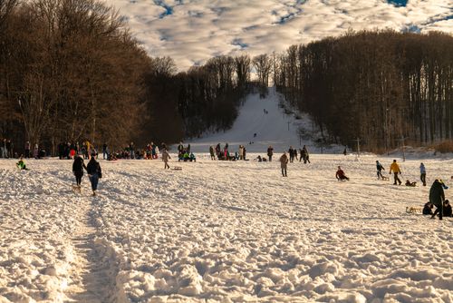 Free A snowy day in Daruvar with people sledding, walking, and enjoying winter in Bjelovarsko-bilogorska, Croatia. Stock Photo