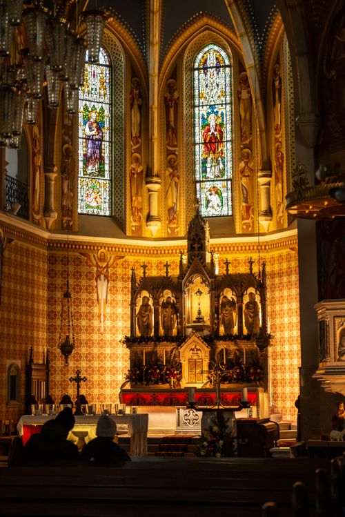 Free Beautifully lit church interior with stained glass in Bled, Slovenia. Stock Photo
