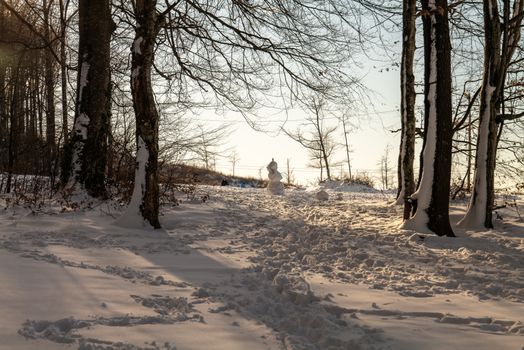 Tranquil winter scene in Daruvar forest featuring a snowman and snow-covered trees at sunset.
