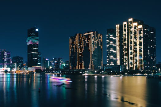 A stunning nighttime cityscape showcasing illuminated skyscrapers reflecting on calm waters.