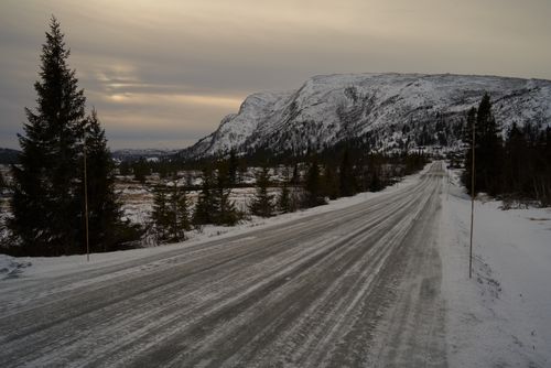 Free Peaceful snowy road in a Nordic winter landscape, Flå, Norway. Stock Photo
