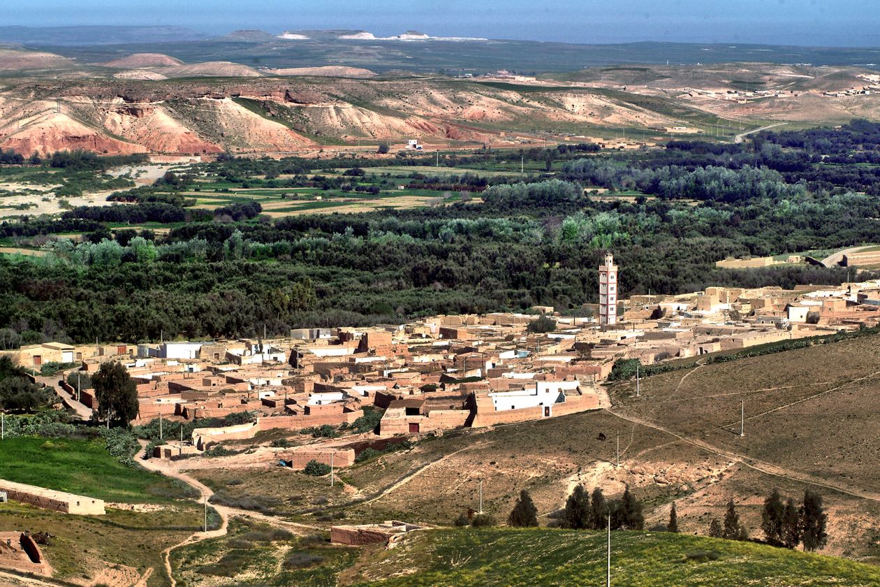 Aerial view of a desert village near Marrakech on the road to the Moroccan Sahara