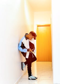 Trendy young adult texting in a bright indoor hallway, leaning stylishly.