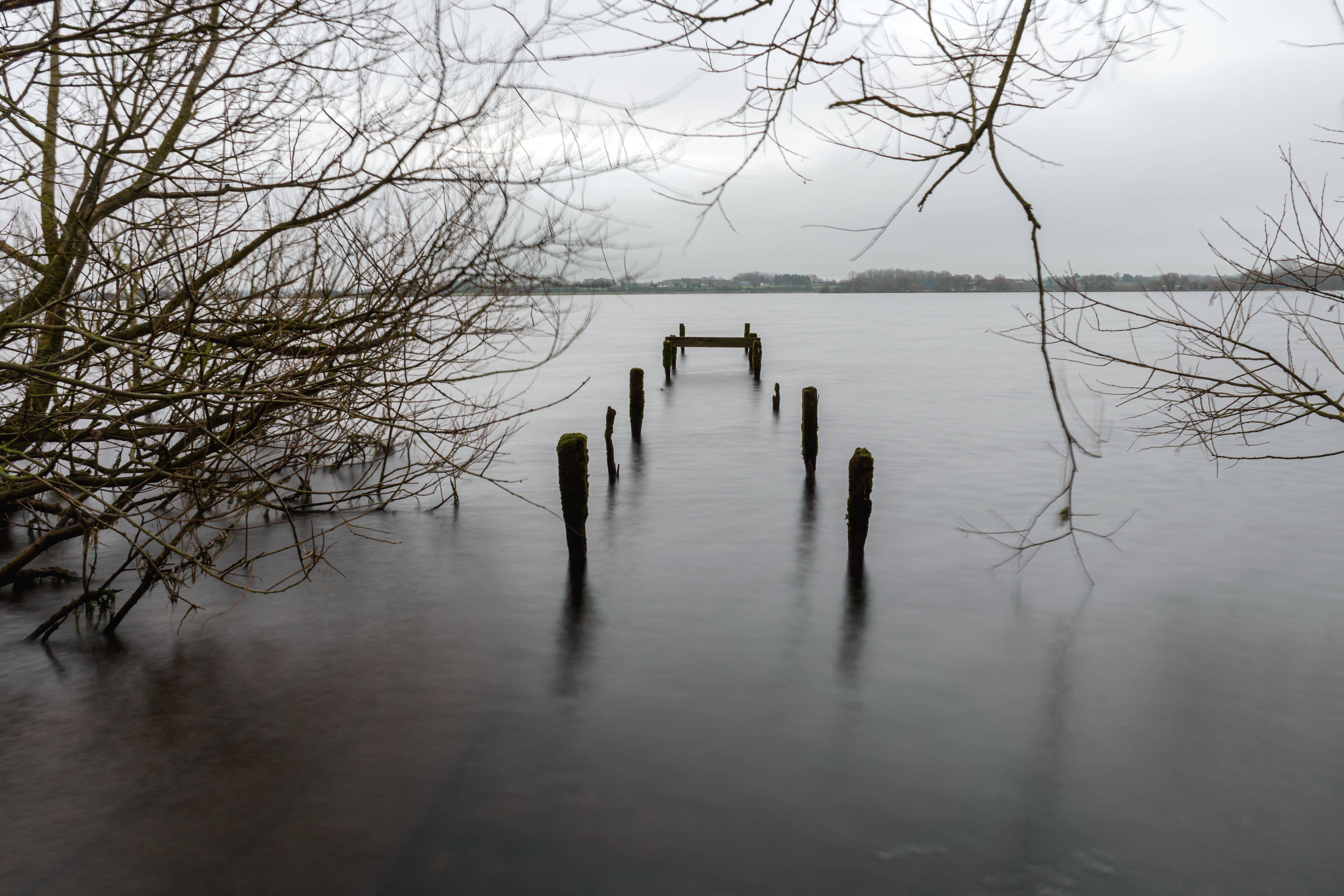 Tranquil view of an old pier on a lakeside in Northern Ireland, perfect for nature lovers.