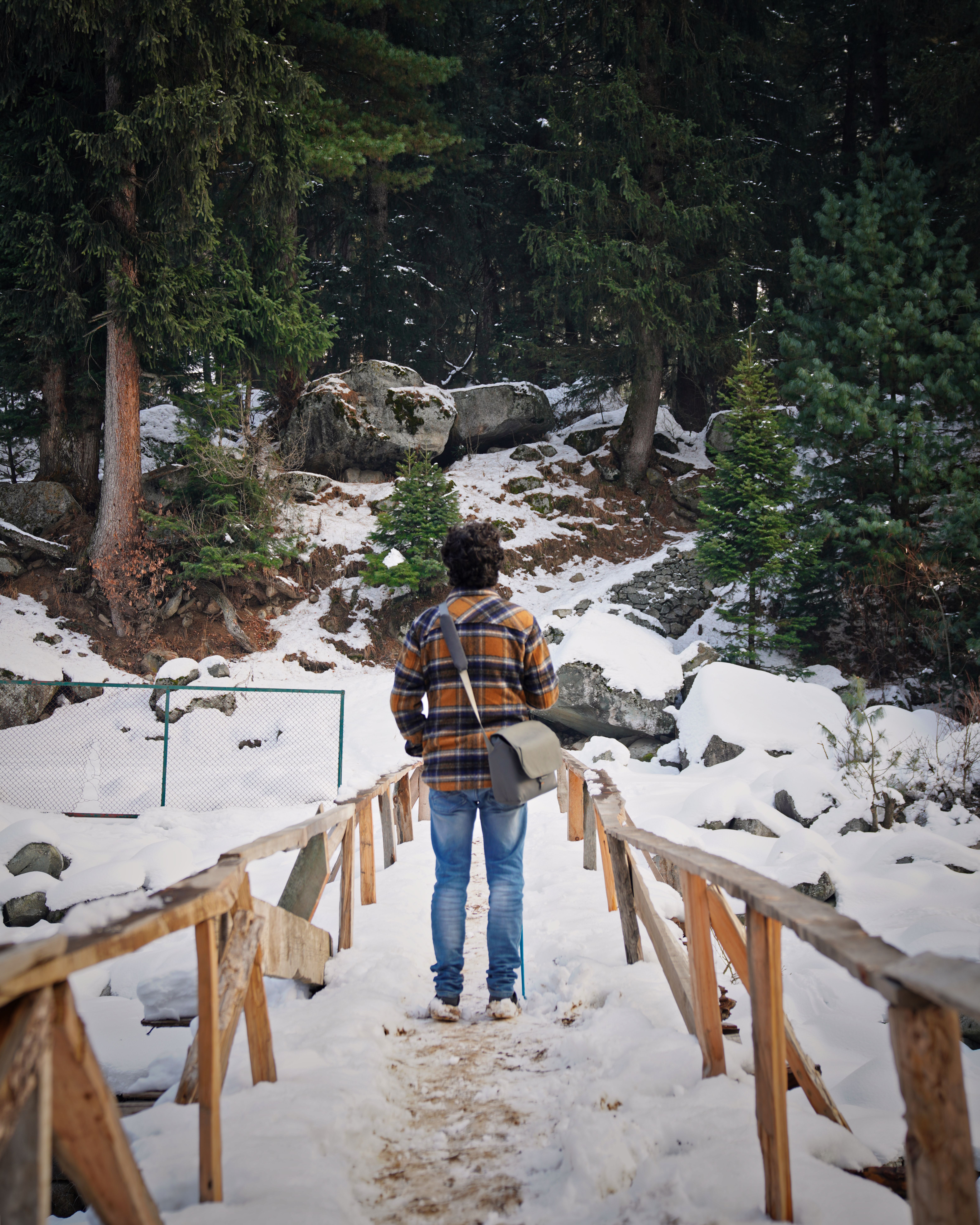 A person walks on a snowy wooden bridge in a forest in Jammu and Kashmir.