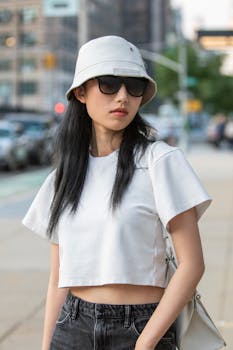 Fashionable woman in street style with sunglasses and bucket hat, NYC chic.