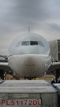 A close-up front view of an Airbus A340-300 aircraft parked at the airport tarmac.