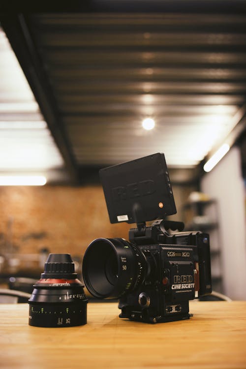 Close- Up Of A Black Video Camera on Table