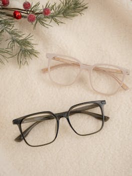 Pair of stylish glasses on a soft background with winter foliage, perfect for fashion and optics themes.