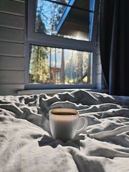 A warm cup of coffee on a bed with a scenic forest view through the window.