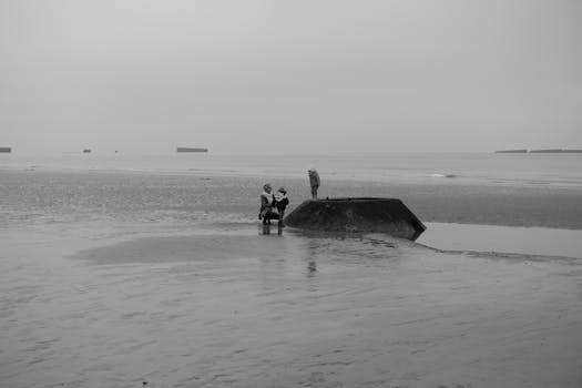 A serene black and white beach scene with visible concrete structures and people.