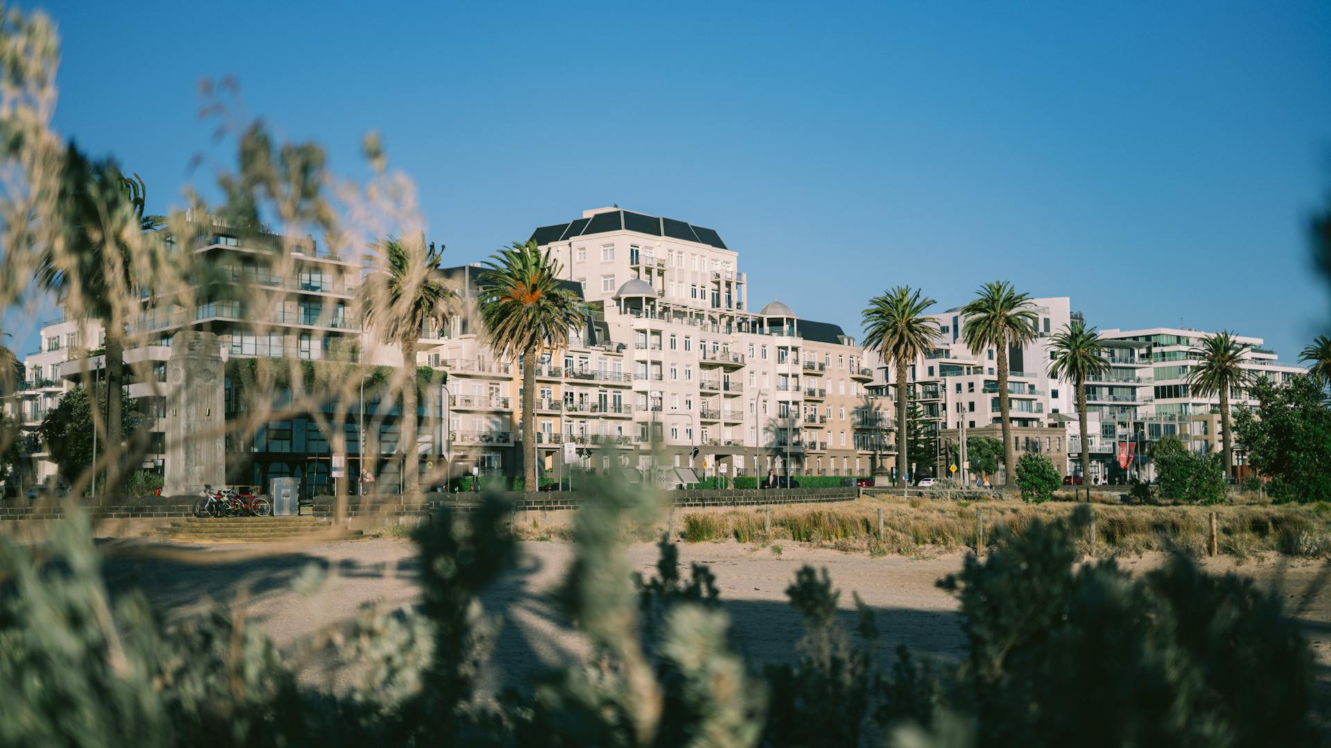 Modern beachfront buildings in Port Melbourne with palm trees under a clear blue sky.