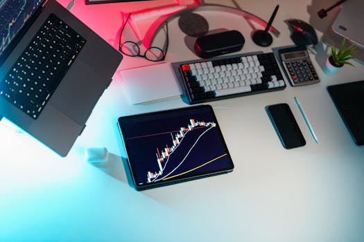 A modern desk setup featuring financial analytics on digital devices in an office setting.