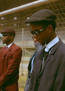 Three stylish men in suits, wearing sunglasses at an outdoor soccer field.