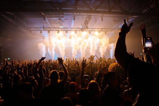Energetic crowd enjoying a concert with dynamic lighting and smoke effects in an indoor venue.