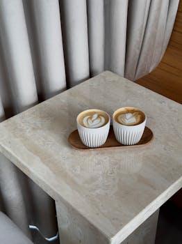 Two cappuccinos served in elegant cups on a marble table setting.