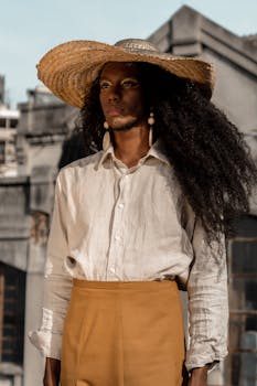 一位留着长发、戴着草帽的优雅女子，在里约热内卢的户外自信地摆着姿势