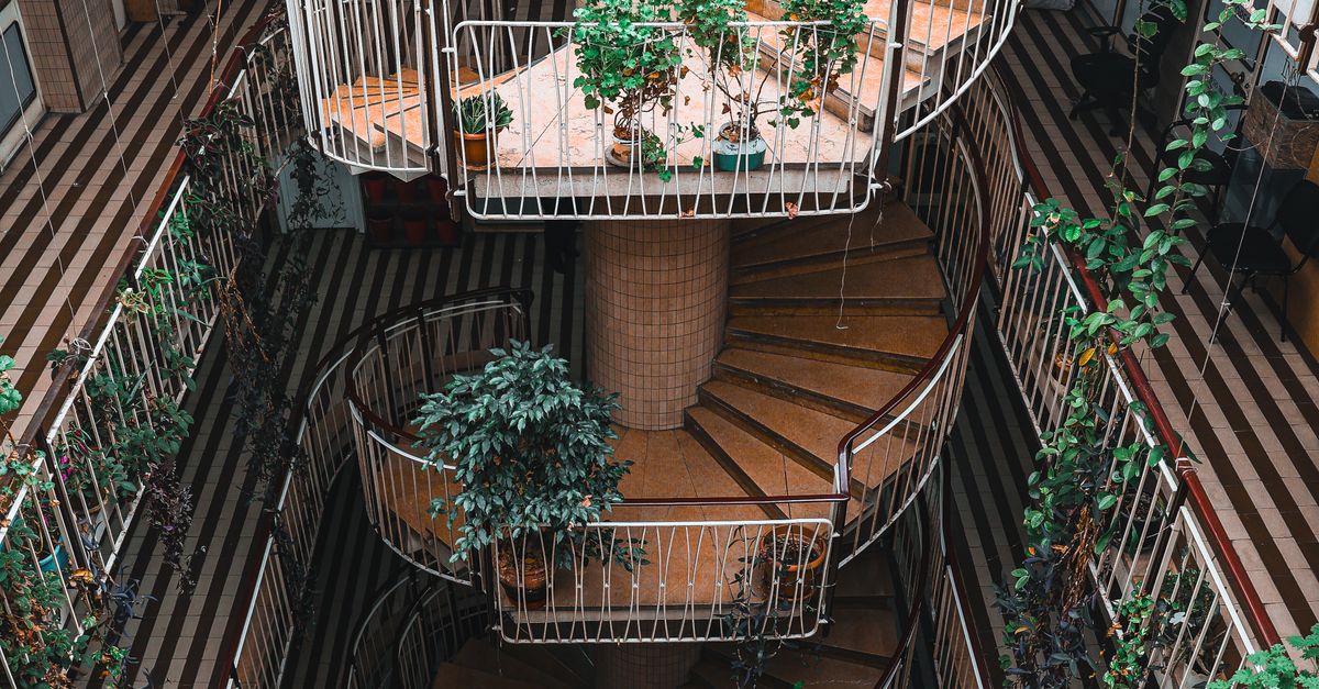Spiral Staircase in Indoor Atrium with Plants · Free Stock Photo