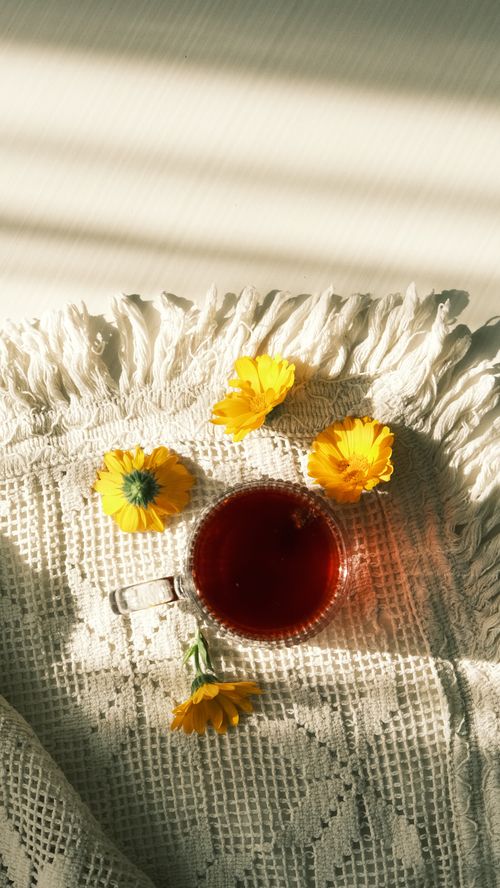 Free Warm flat lay of herbal tea and yellow flowers on a textured mat, in sunlight. Stock Photo