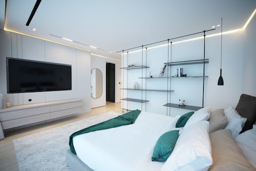Elegant contemporary bedroom with sleek shelving and neutral palette in Dubai, UAE.