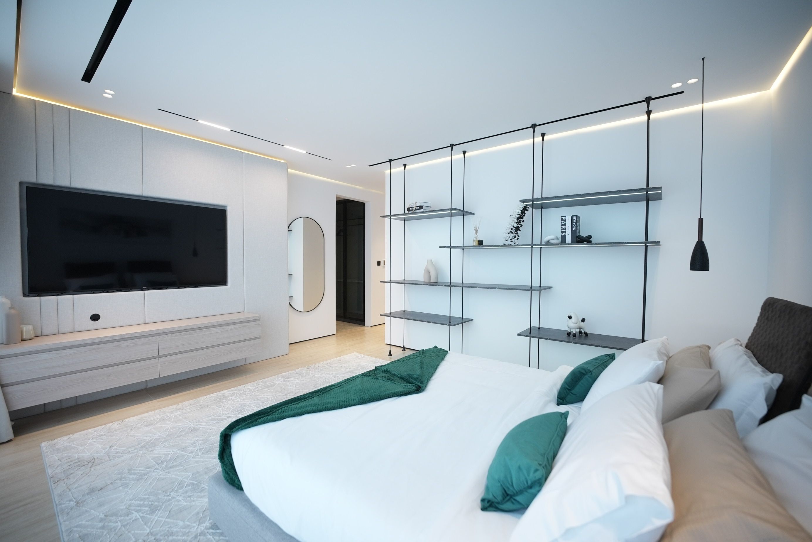 Modern Bedroom Interior Design with Stylish Shelving · Free Stock Photo