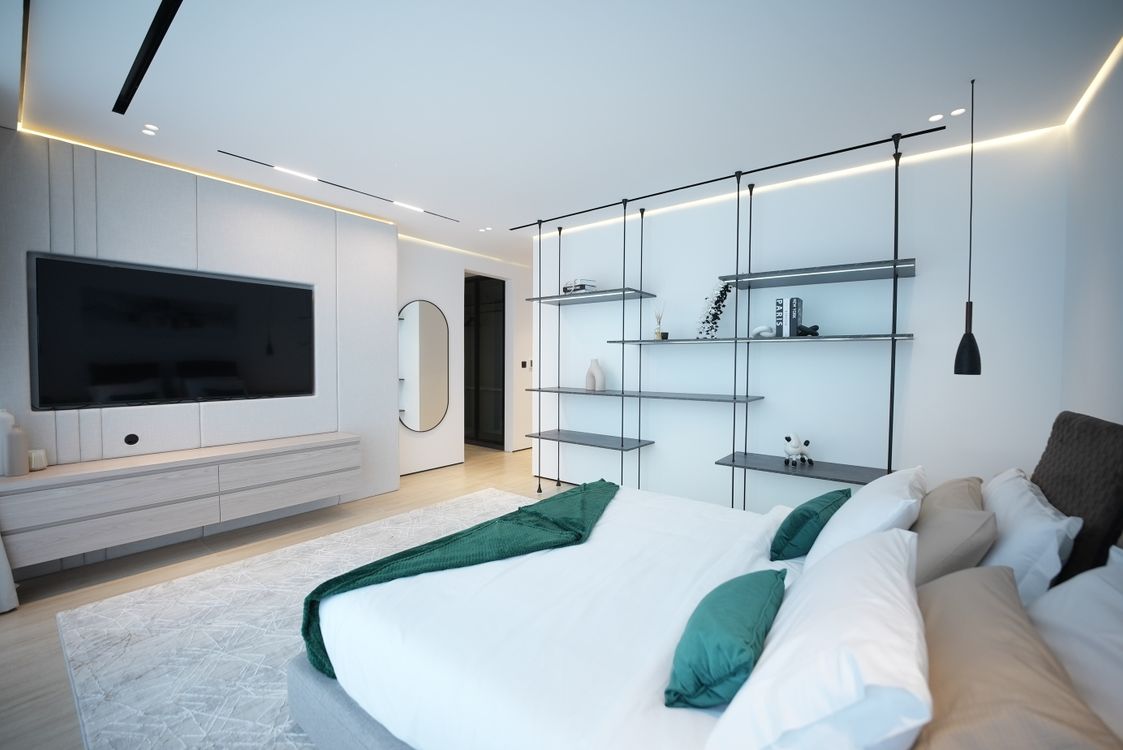 Modern Bedroom Interior Design with Stylish Shelving · Free Stock Photo