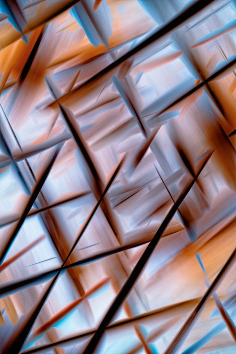 Vibrant abstract painting featuring angular lines and warm-cool hues.