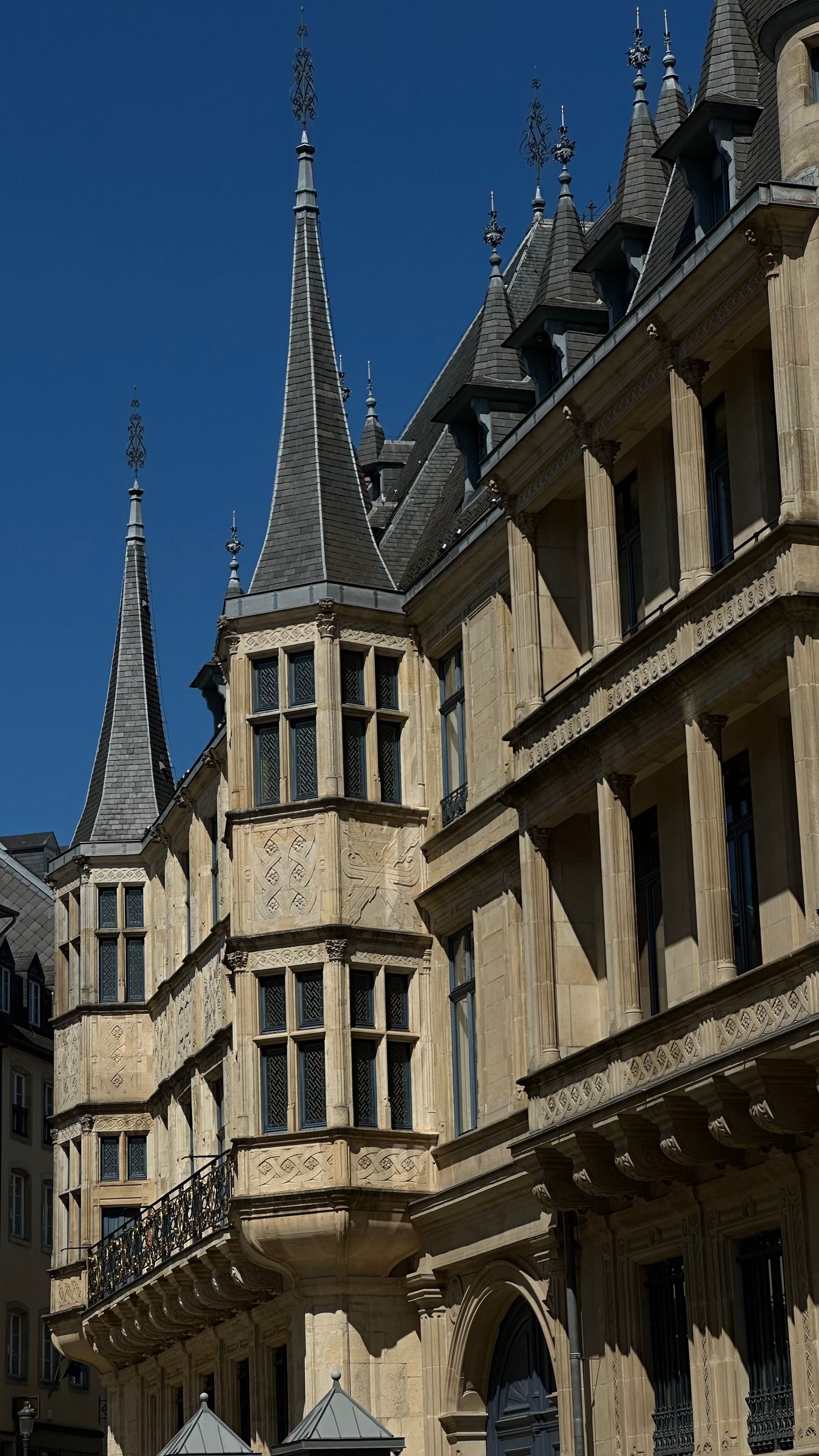Elegant historic architecture and facades in Luxembourg City on a clear day