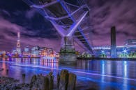 伦敦的夜间城市景观壮丽，包括明亮的桥梁和摩天大楼